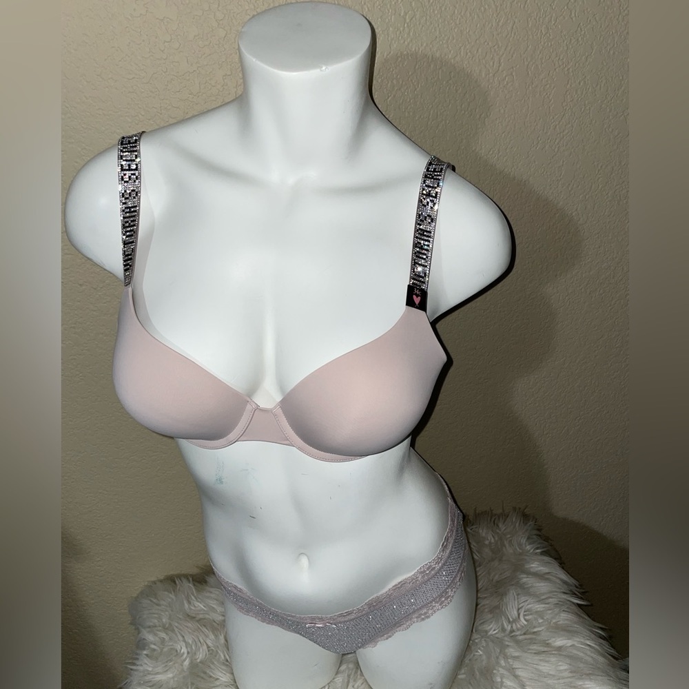 Victoria Secret Shine Strap Bra VS Taupe Shine Strap Rhinestone Panty Set 🆕 🪩 - Picture 6 of 13